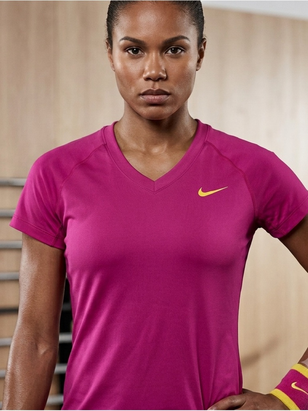 Nike Women's Bright Hot Pink  V-Neck Short Sleeve Tee with Yellow Swoosh